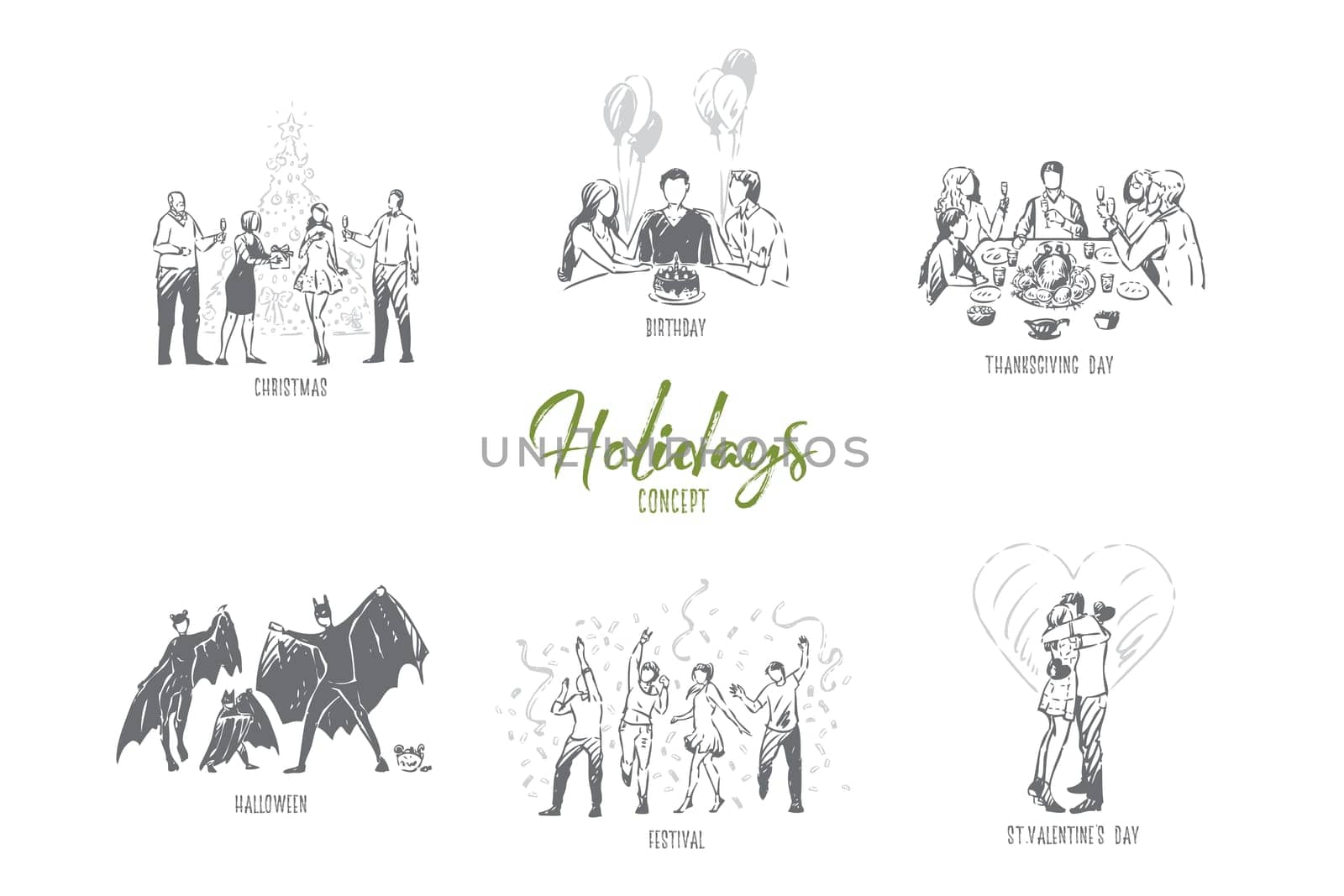 Holidays, christmas, birthday, thanksgiving, halloween, festival, valentine day concept sketch. People celebrate annual events, autumn masquerade, seasonal fest set. Isolated vector illustration