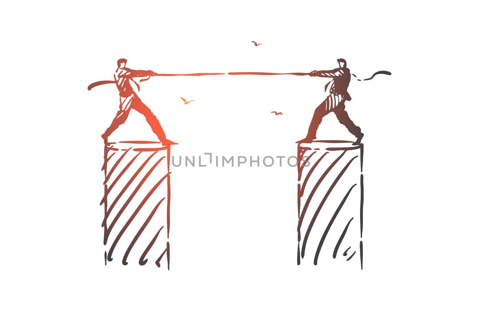 Rivalry, opposition, struggle concept sketch. Business conflict, corporate competition metaphor, war tug, ambitious businessmen, opponents pulling rope standing on columns. Hand drawn isolated vector