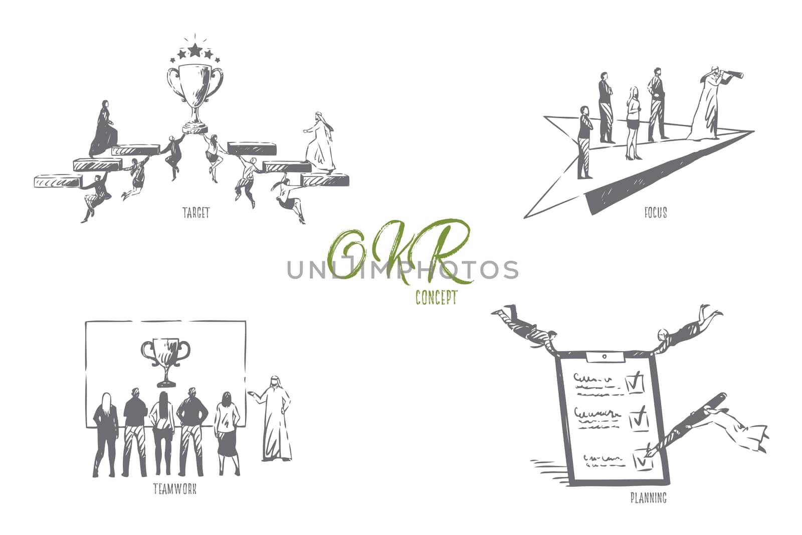 OKR, target, focus, teamwork, planning concept sketch. Objective, key and result, flying muslim businessmen and businesswomen teamwork, business partnership banner. Isolated vector illustration