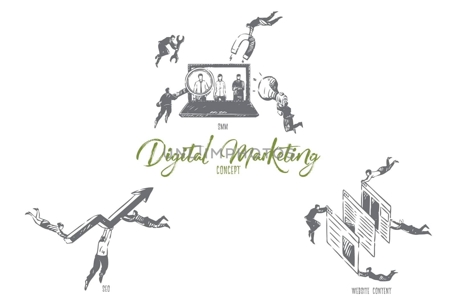 Digital marketing, SMM, SEO, website content concept sketch. Online advertisement business, networking, flying businesswoman and businessman, electronic commerce banner. Isolated vector illustration