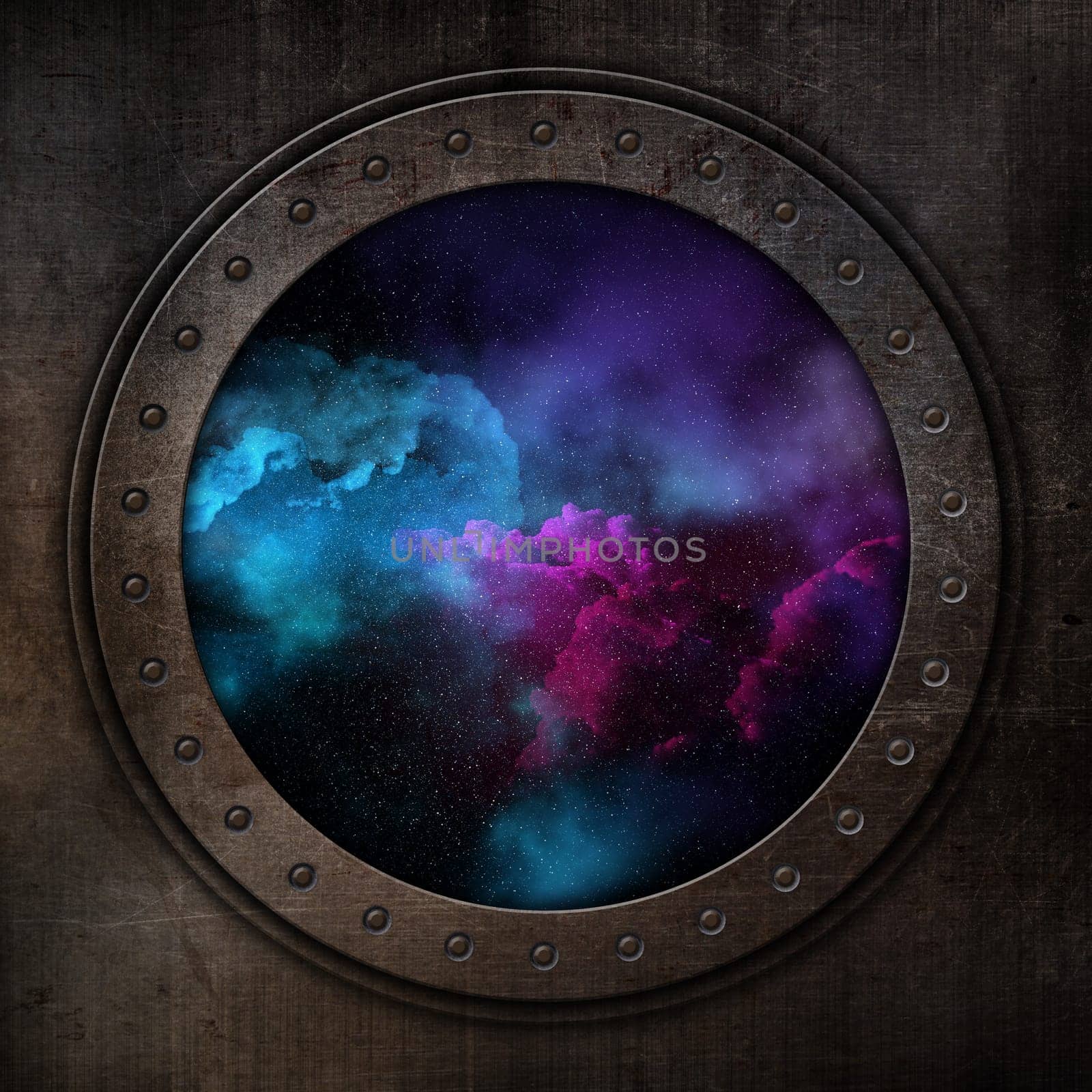 3D render of a porthole looking out to a space sky