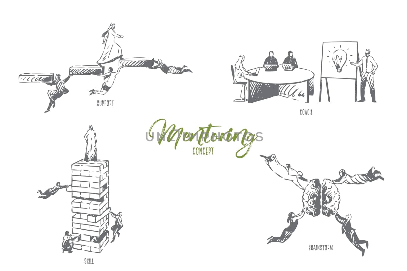 Mentoring, support, coach, skill, brainstorm concept sketch. Economic literacy education, flying arab businessman and businesswoman teamwork, leadership courses banner. Isolated vector illustration