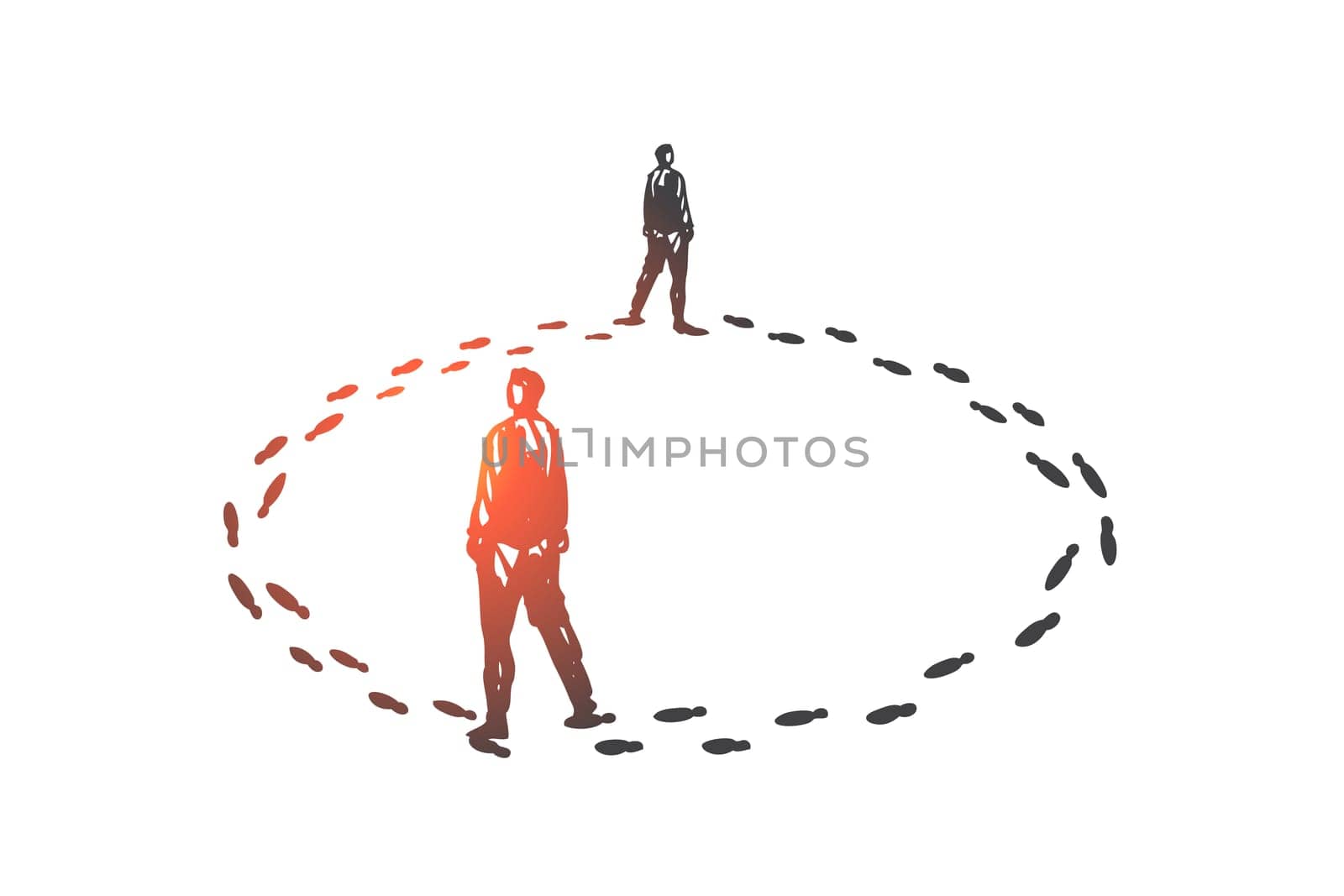 Vicious circle, routine concept sketch. Inefficient problem solution, monotonous work creative metaphor, nervous business people, businessmen walking in circles. Hand drawn isolated vector