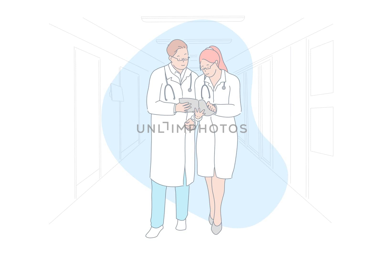 Doctor consultation, treatment option, medical advisers concilium, medicine concept. Male and female doctors studying medical record, case history papers examination. Simple flat vector