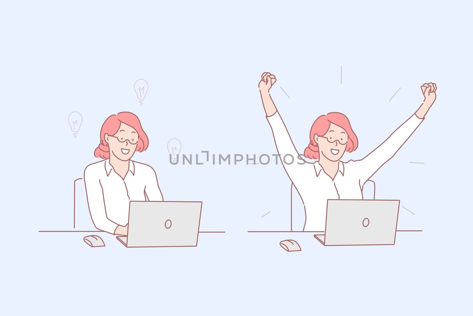 Brainstorming and success, task performance, problem solution, productive work concept. Female office worker with laptop, successful project, goal achievement, business decision. Simple flat vector