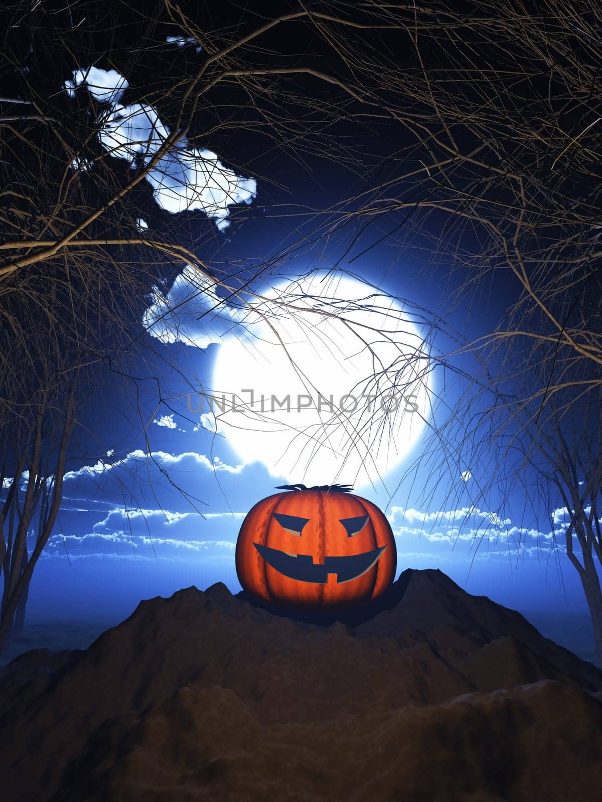 3D render of a pumpkin against a spooky Halloween landscape