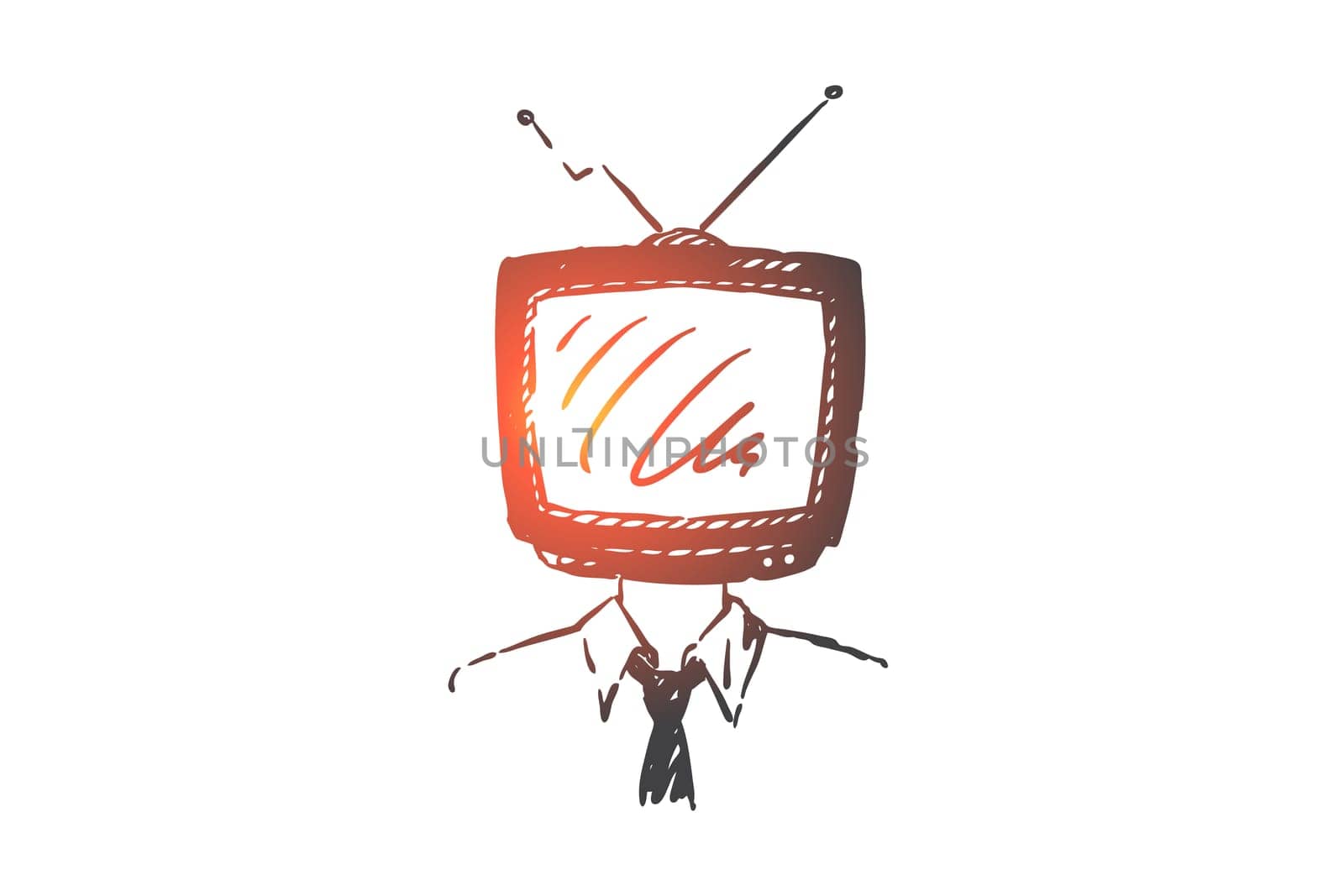 Mass media addiction concept sketch. Information propaganda, social manipulation, mind control, brainwashing surreal metaphor, businessman with TV set on head. Hand drawn isolated vector