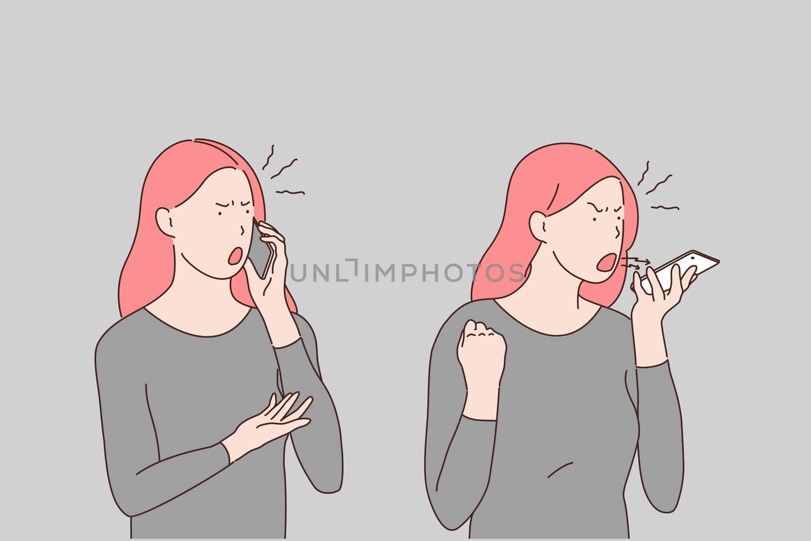 Telephone quarrel, row, disagreement, problem, irritability and anger concept. Young woman screaming on phone, shouting girl, emotional burnout, fury, bad manners sign. Simple flat vector