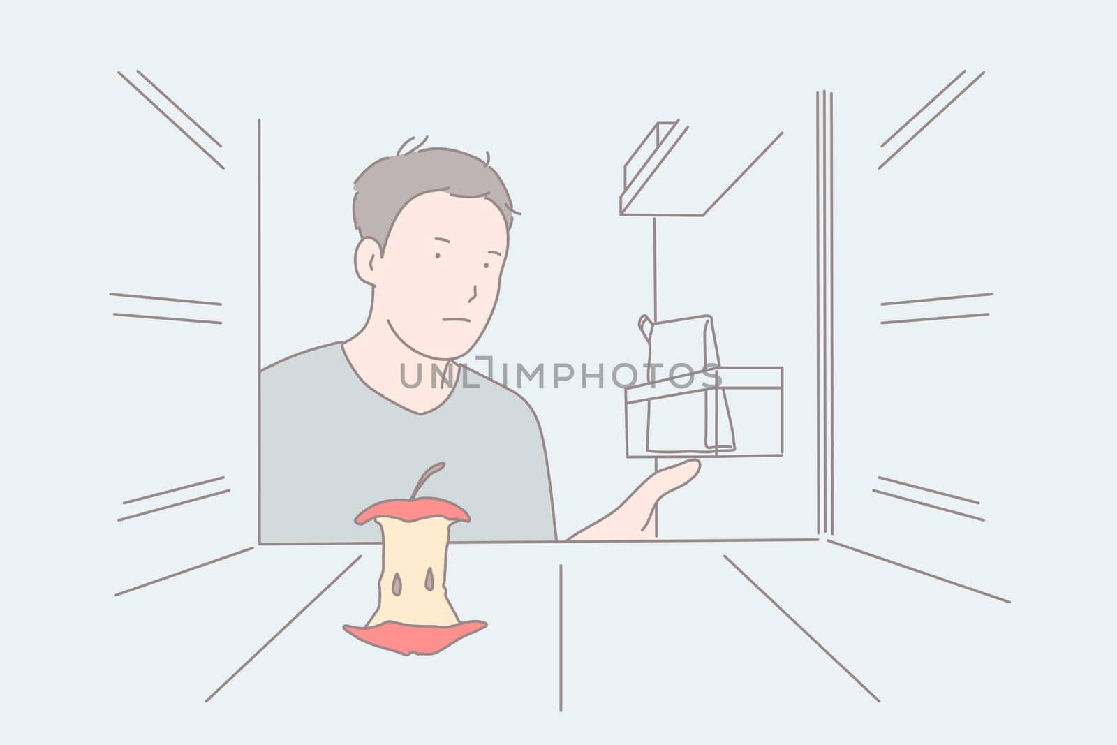 Strict diet, empty fridge, hunger feeling concept. Frustrated young man opening refrigerator door, apple core on coldstore shelf, depressed mood, negative emotion. Simple flat vector