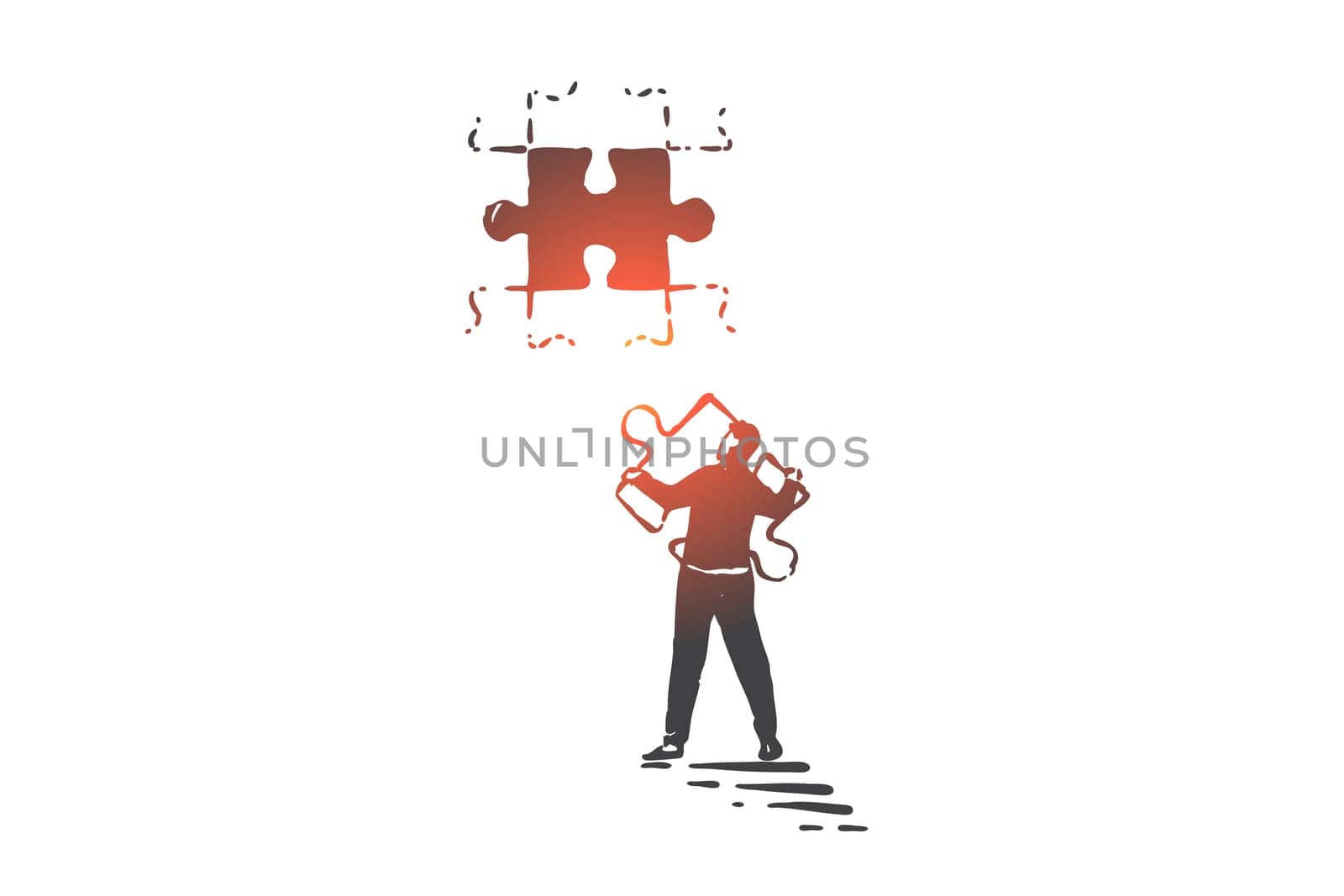 Business strategy development concept sketch. Mind training game, intellectual leisure, problem solving metaphor, businessman putting jigsaw puzzle pieces together. Hand drawn isolated vector