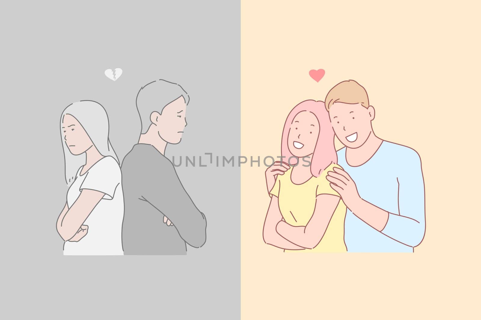 Human relations, disagreement and harmony, opposite emotions concept. Enamored man and woman in quarrel and harmonious relationship, offended young people and happy couple in love. Simple flat vector