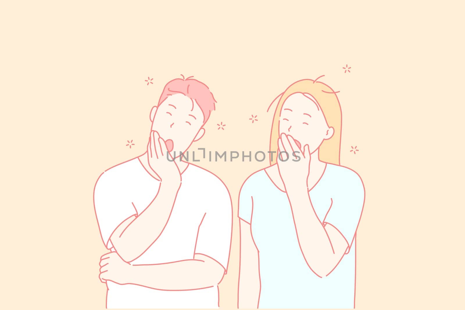 Sleepy people, tired friends, yawning couple concept. Husband and wife gaping, covering mouths with palms. Brother and sister oscitating. Boredom and exhaustion gesture. Simple flat vector