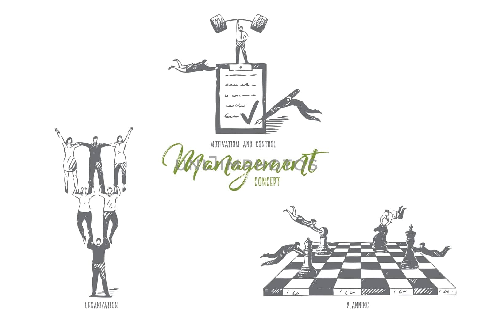 Management, motivation and control, organization, planning concept sketch. Business development, flying businesswoman and businessman partnership, team building banner. Isolated vector illustration