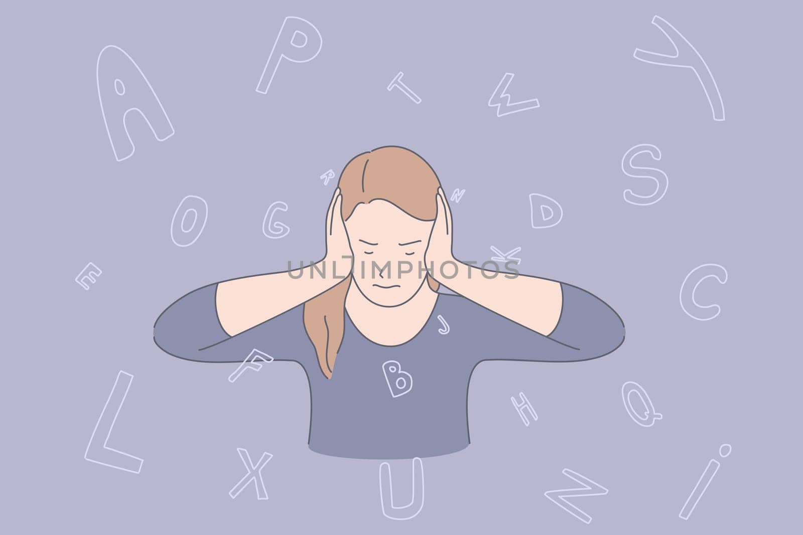 Information overload, mental exhaustion, professional burnout concept. Young woman annoyed with workplace pressure. Overworked employee refusing to listen, covering ears with hands. Simple flat vector