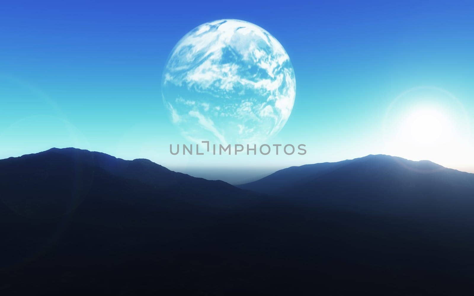 3D render of a science fiction background with planet Earth about mountain landscape
