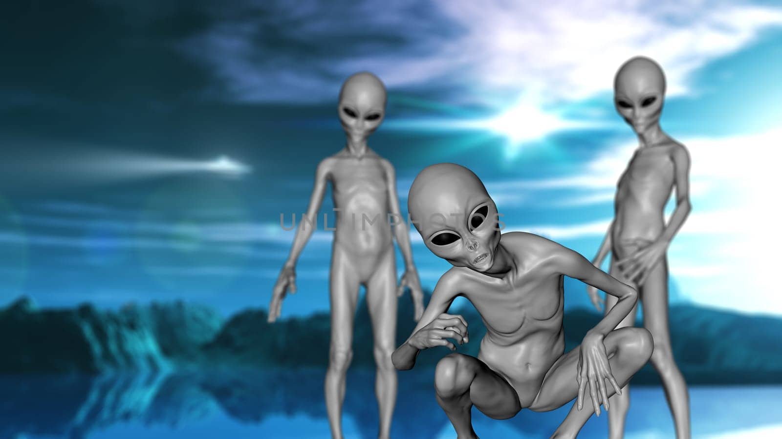 3D render of a science fiction landscape with grey alien creatures