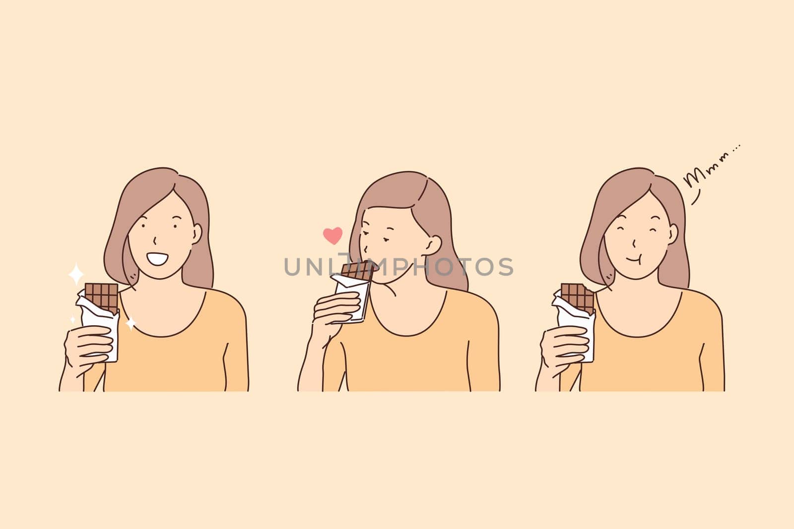 Eating chocolate, happiness hormone, endorphin production concept. Young woman with yummy, happy girl biting chocolate bar, taste enjoyment, positive emotion, joyfulness. Simple flat vector