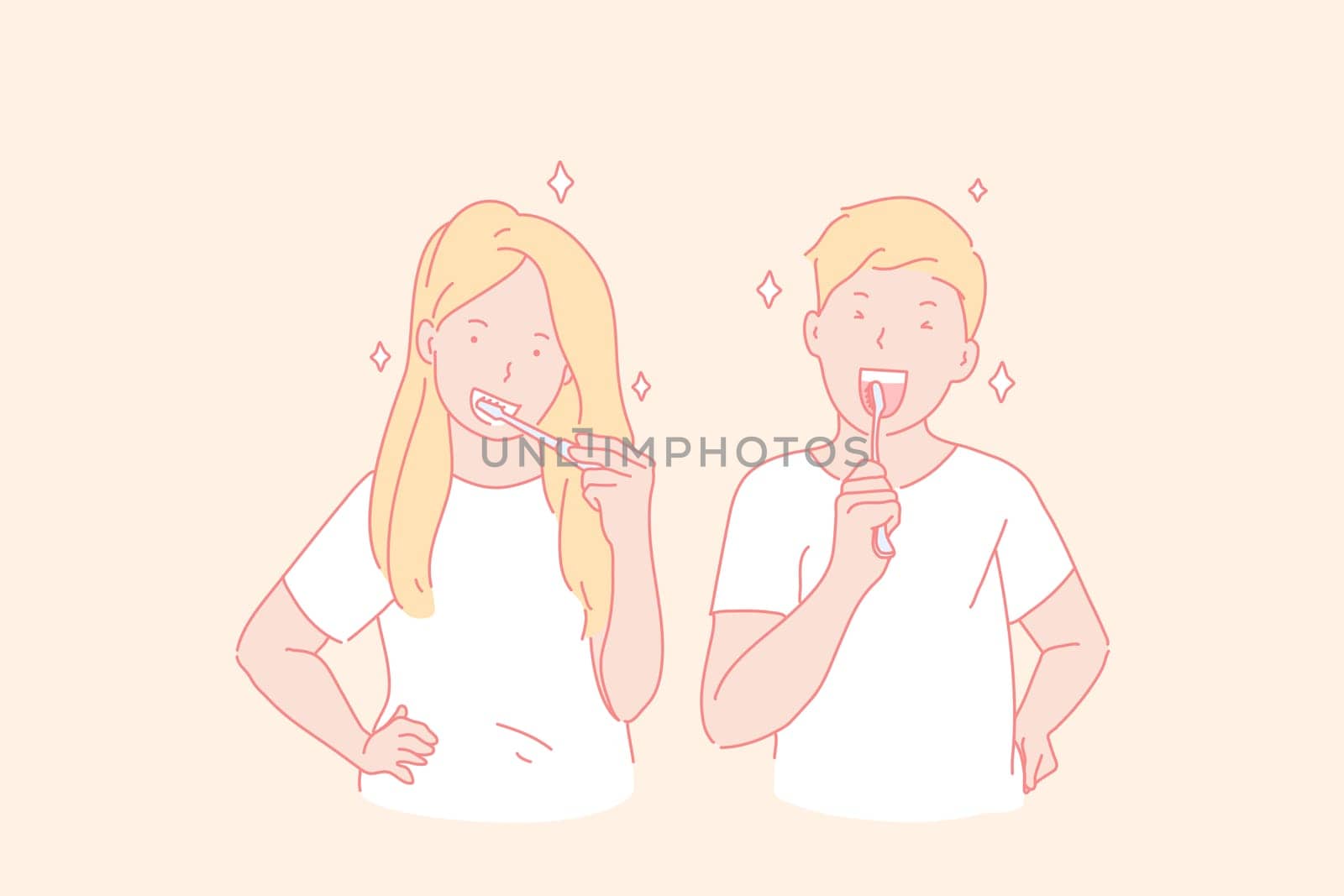 Teeth cleaning, healthy habit, healthcare concept. Young couple cleaning teeth, girl and boy with toothbrushes, dentifrice using, everyday morning procedure, oral care. Simple flat vector