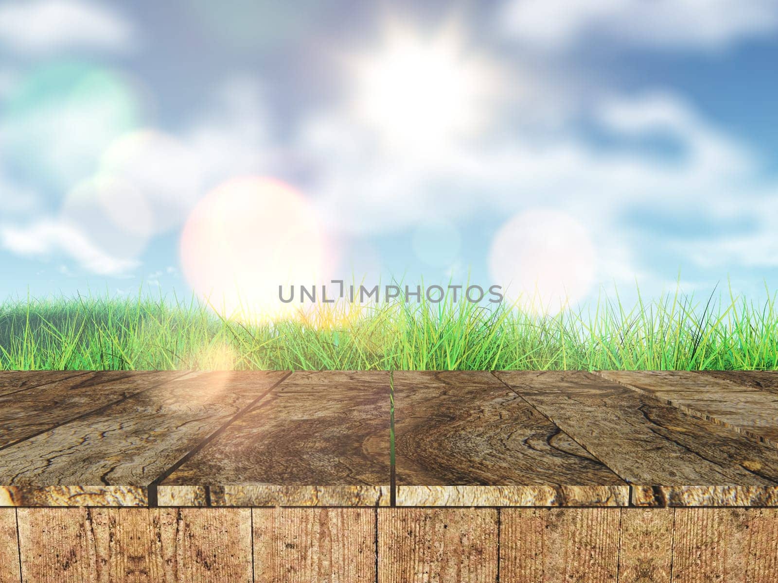 3D render of a rustic wooden table looking out to a grassy landscape