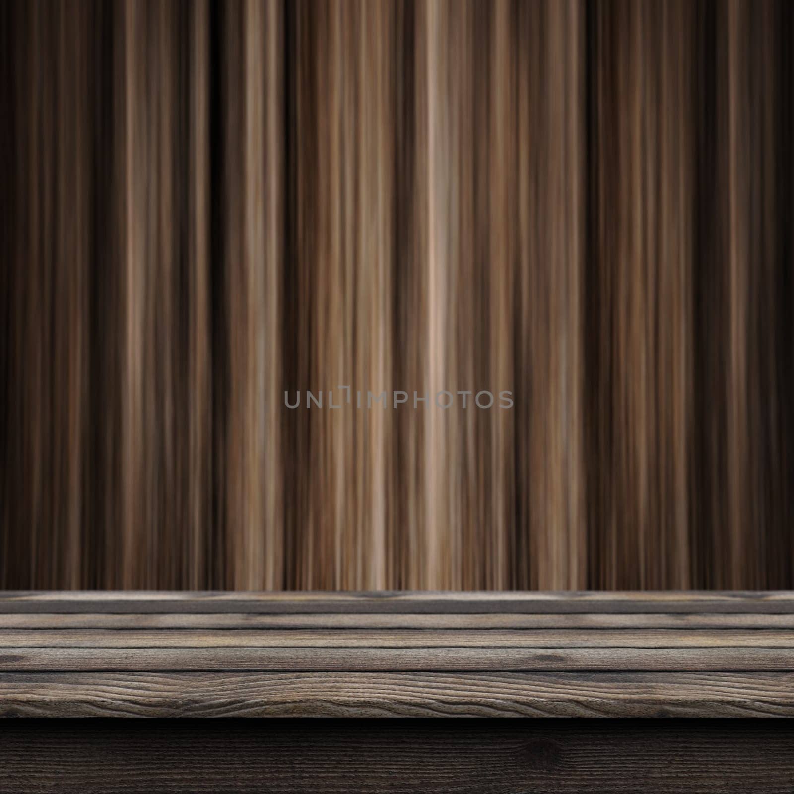 3D render of a rustic wooden table looking out to a defocussed wood wall