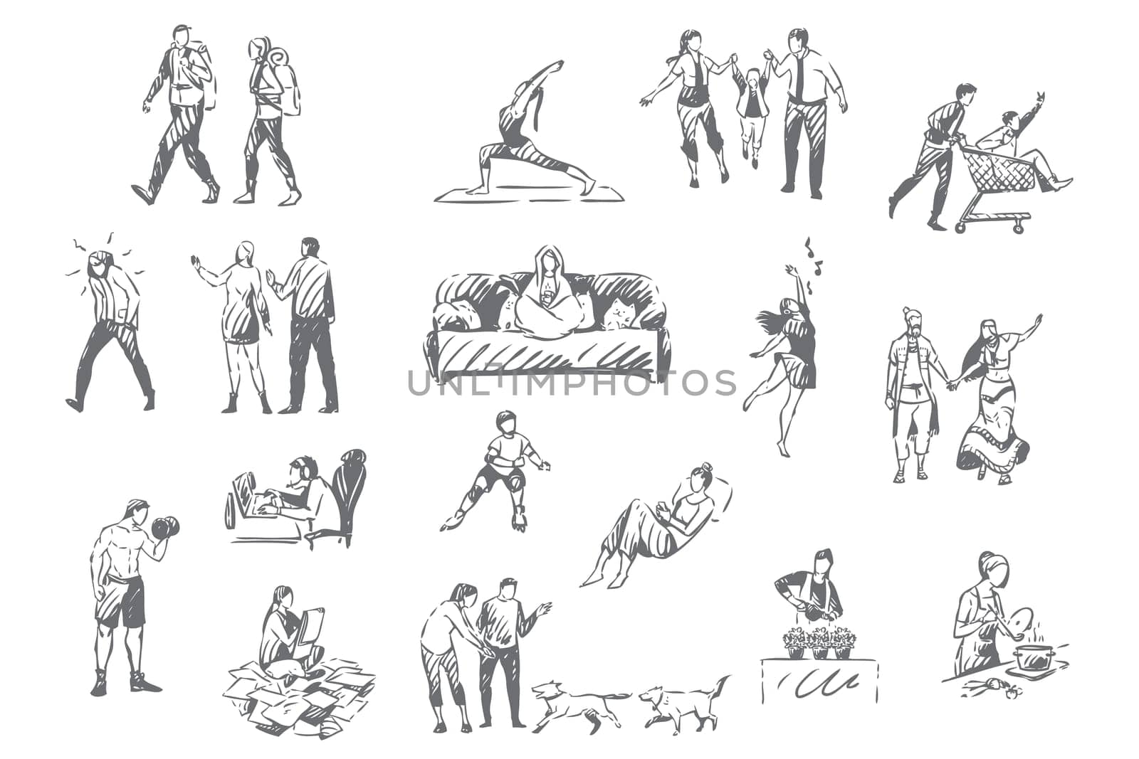 People lifestyle, personal leisure concept sketch. Introvert and extrovert pastime, hiking, fitness and yoga, computer gaming, plant nursing, various activities set. Isolated vector illustration
