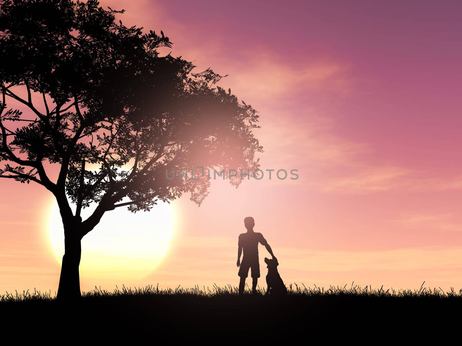 3D render of a silhouette of a boy and his dog against a sunset sky