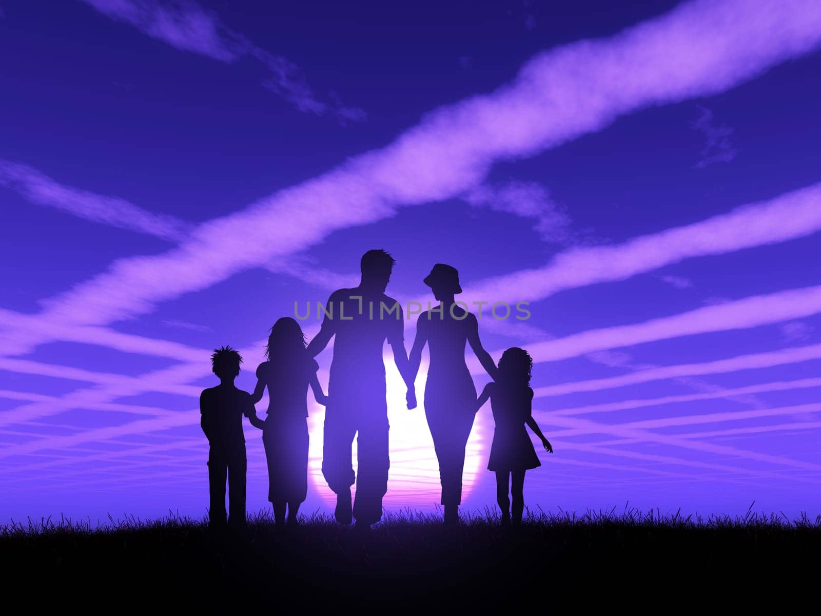 3D render of a silhouette of a family walking against a sunset sky