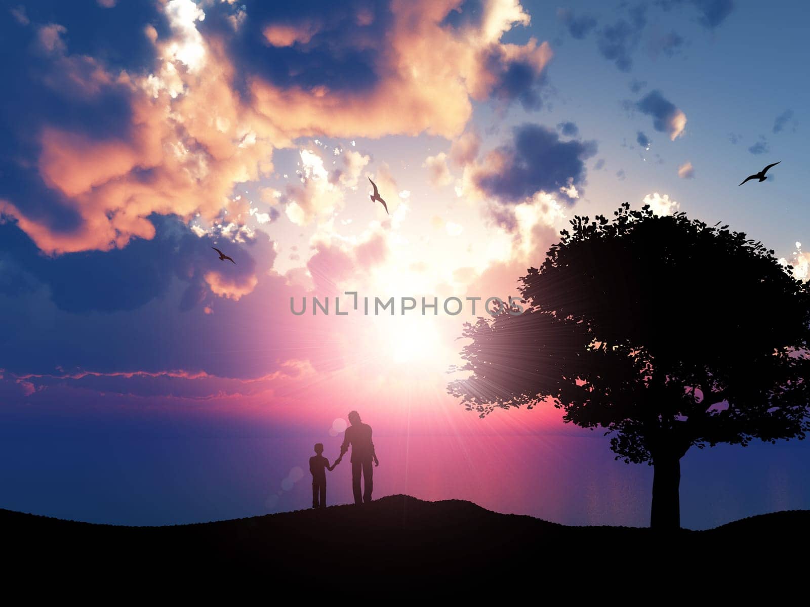 3D render of a silhouette of a father and son walking against a sunset ocean landscape