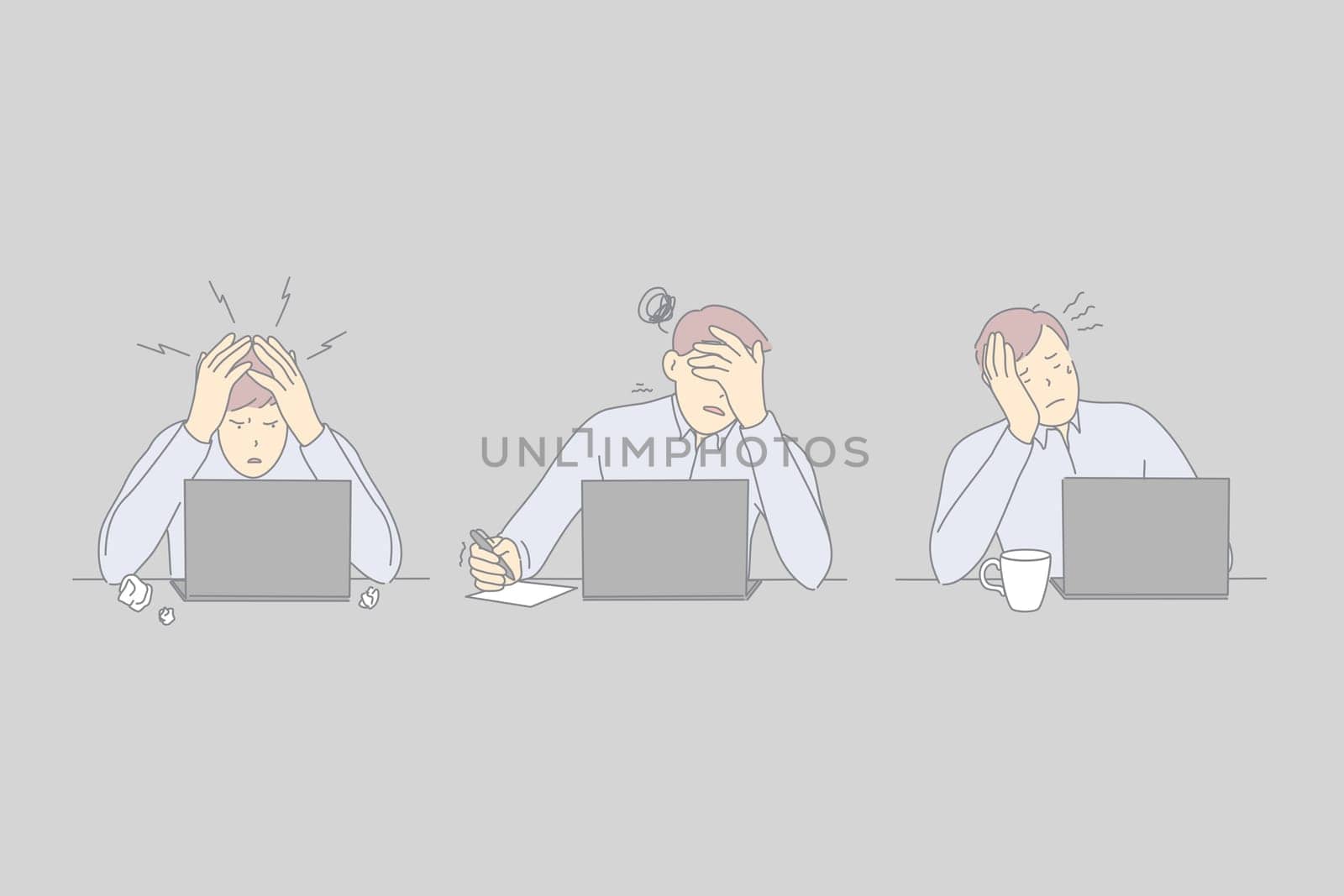 Professional burnout, workplace exhaustion, workers stress concept. Tired top manager working with laptop. Distressed office worker having problems. Workaholic crisis. Simple flat vector
