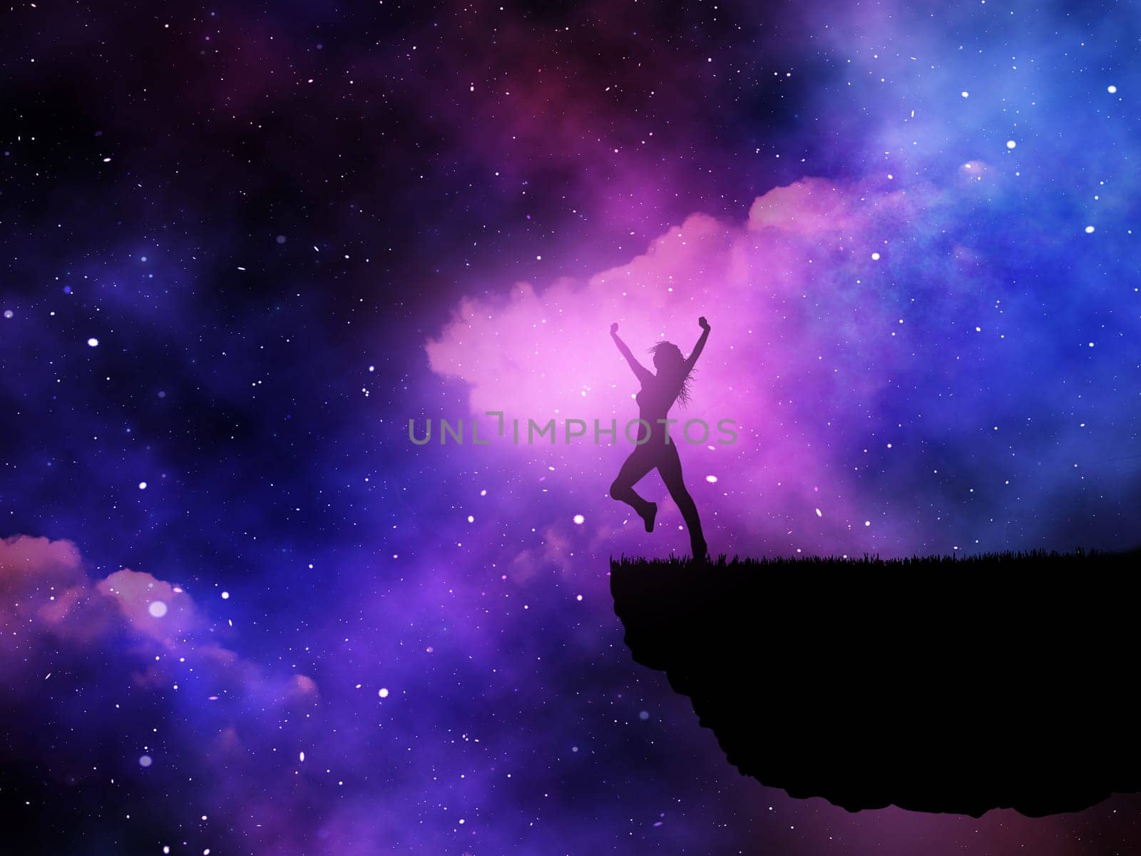 3D render of a silhouette of a joyful female against a space night sky