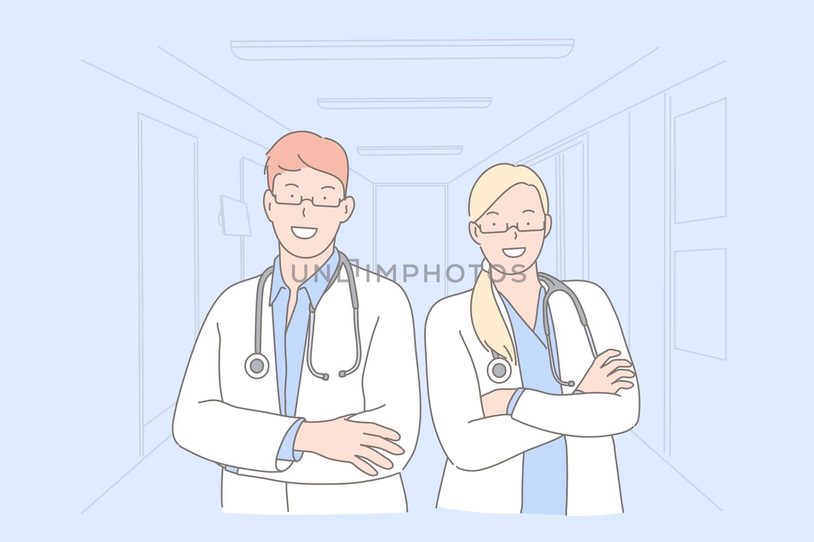 Doctors, medical workers, hospital staff concept. General practitioners wearing white coats. Smiling therapists with stethoscopes. Healthcare industry personnel. Simple flat vector