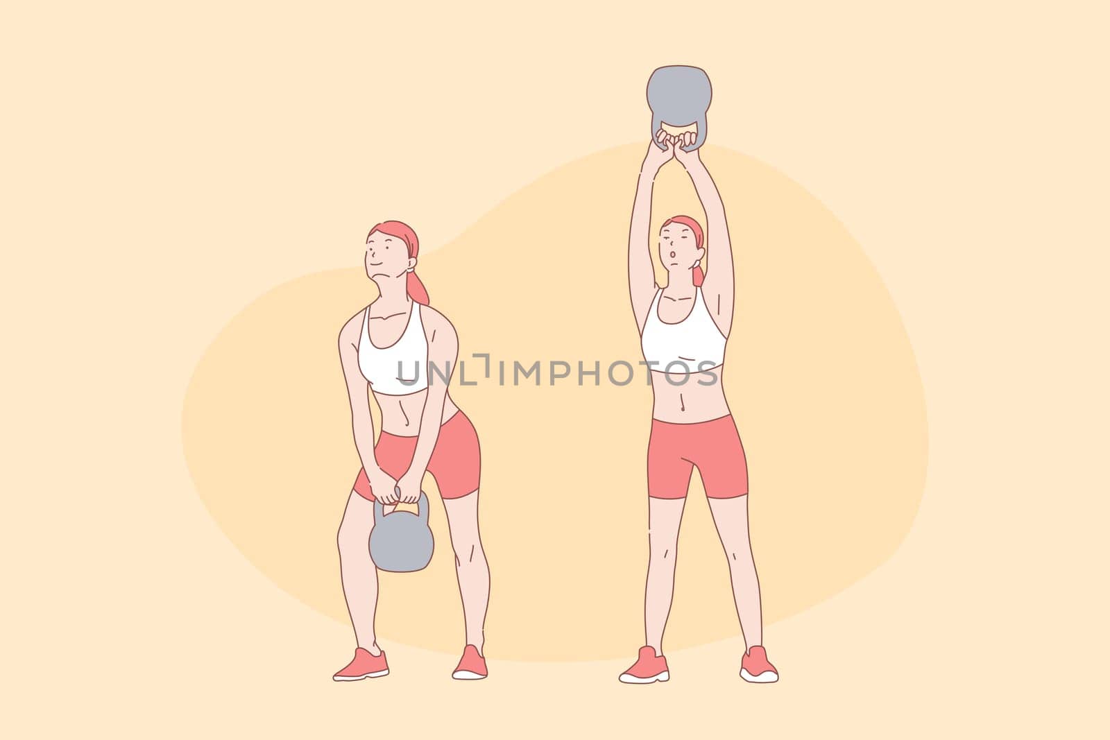 Sport exercises, workout, functional training, active lifestyle concept. Young woman lifting weight, gym exercise with equipment, athletic training, good shape and health. Simple flat vector
