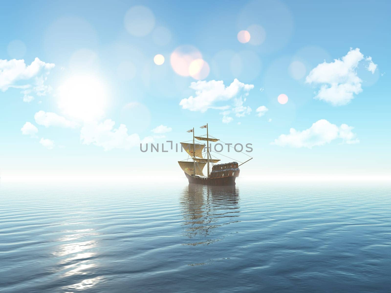 3D render of a ship sailing on a blue ocean