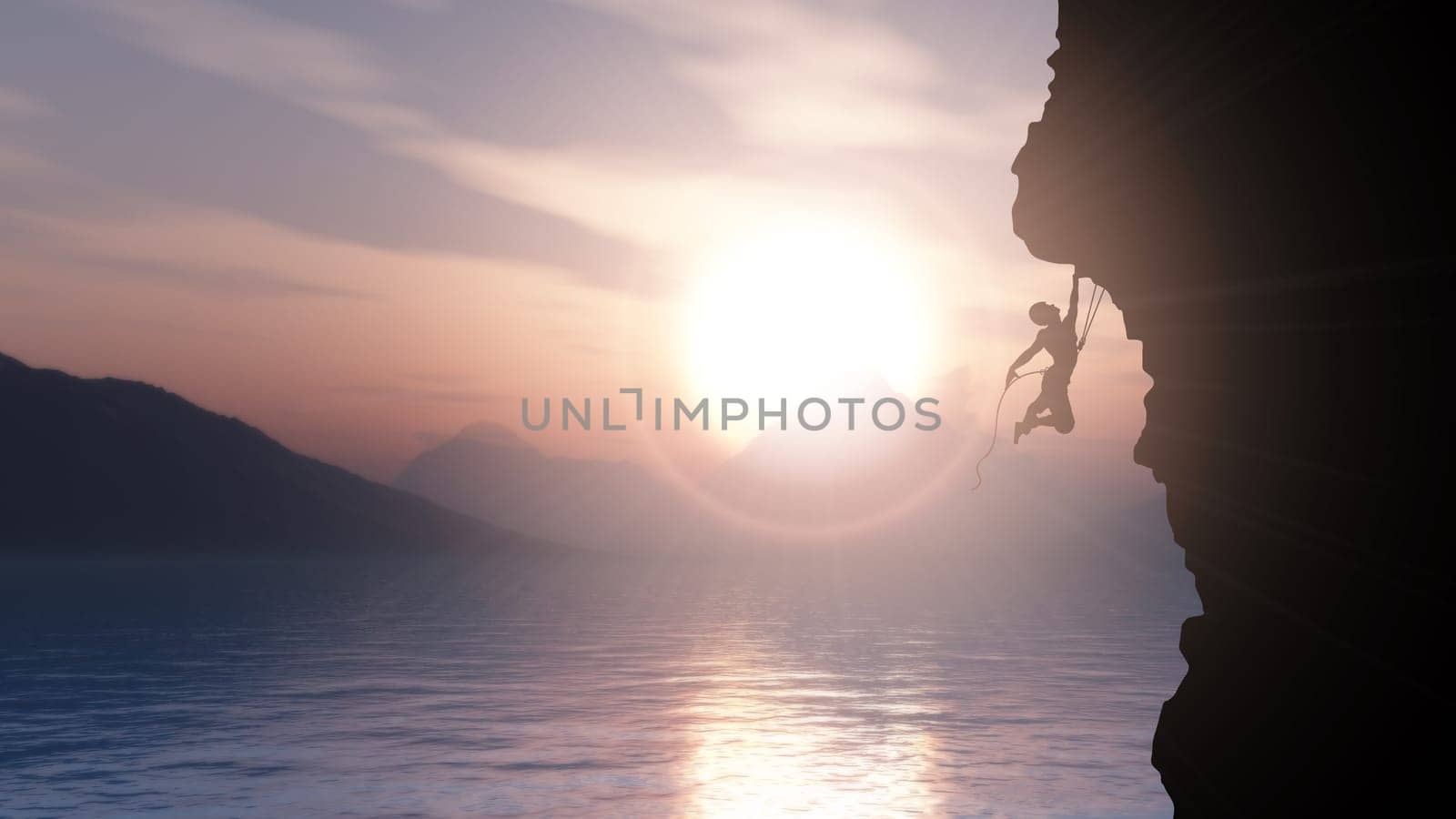 3D render of a silhouette of an extreme rock climber against a sunset ocean landscape