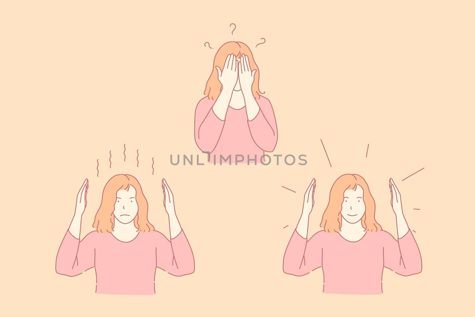 Gesticulation, game, different emotions concept. Opposite feelings, surprise, question, riddle, young woman covering face with palms, contrary facial expressions. Simple flat vector