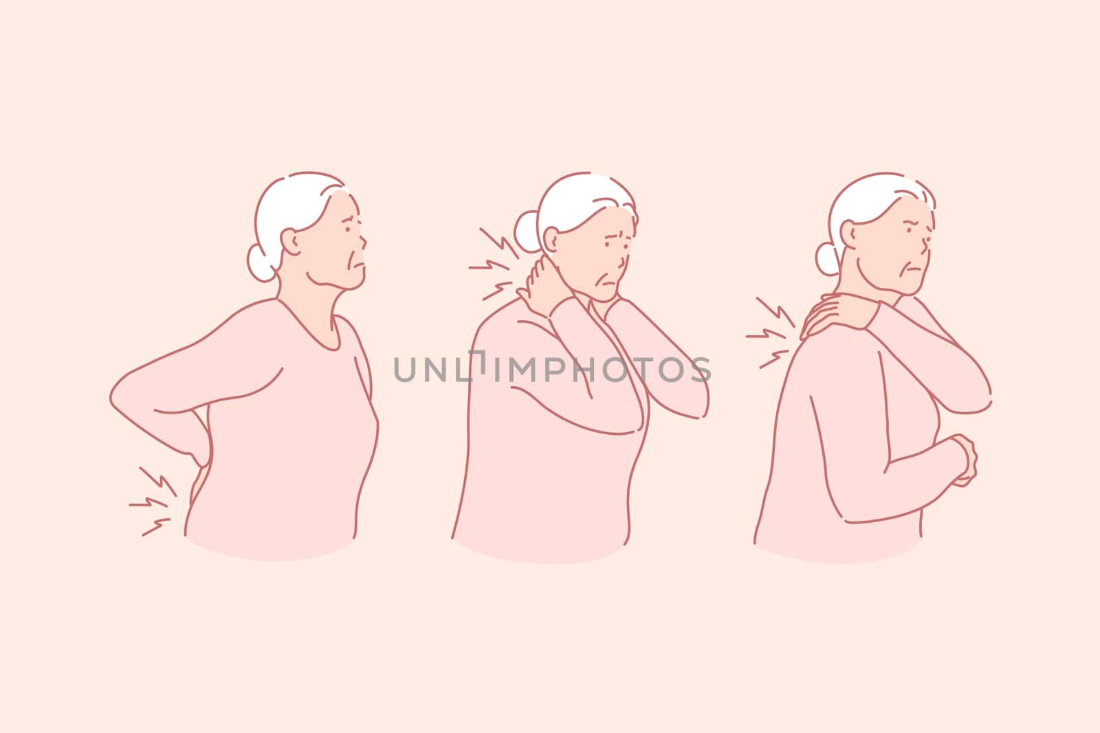 Arthritis, rheumatism, senile age illness concept. Elderly lady suffering from back pain. Pensioner experiencing painful symptoms in neck area. Old woman with kidneys disease. Simple flat vector