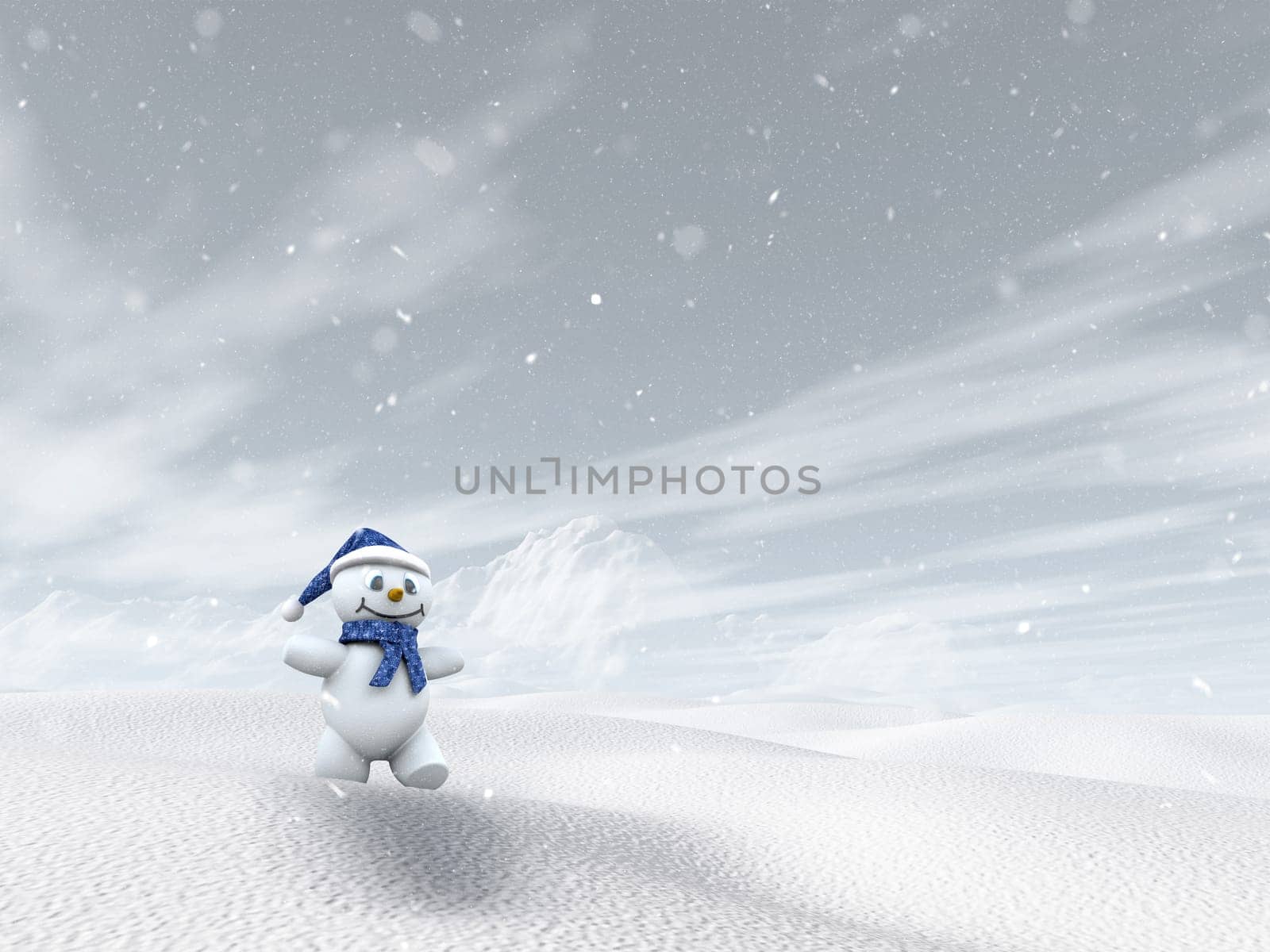 3D render of a snowman in snowy landscape