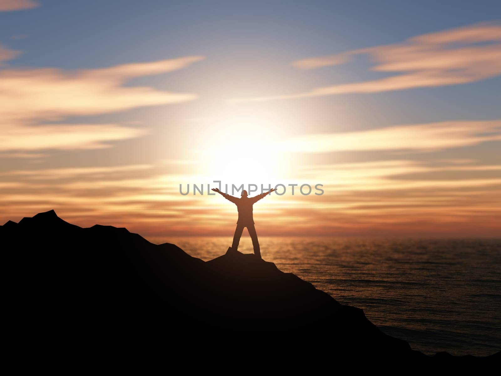 3D render of a silhouette of a man with arms raised against a sunset ocean landscape