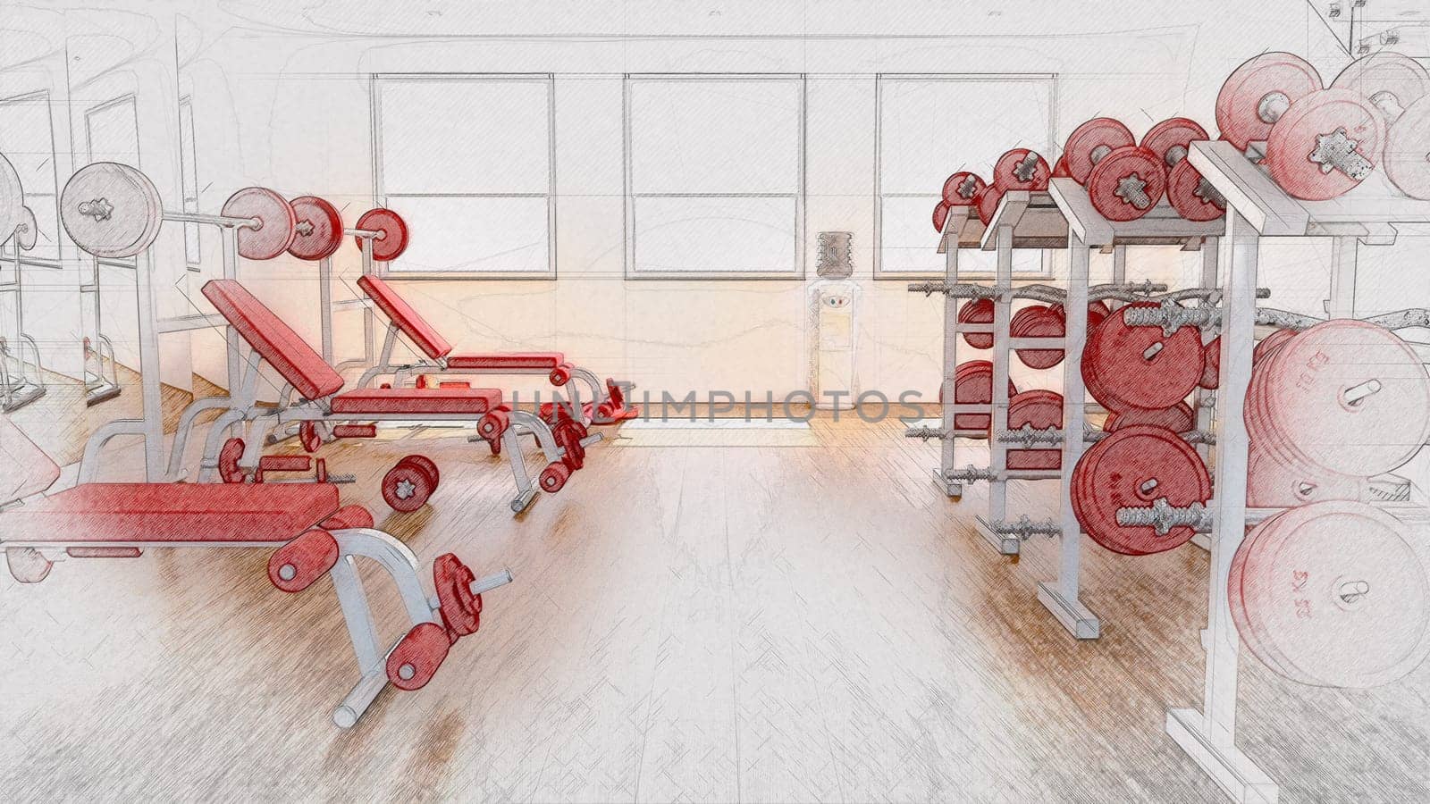 3D render of a sketched background of a gym interior