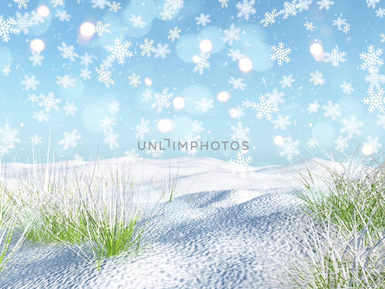 3D render of a snowy landscape with falling snowflakes