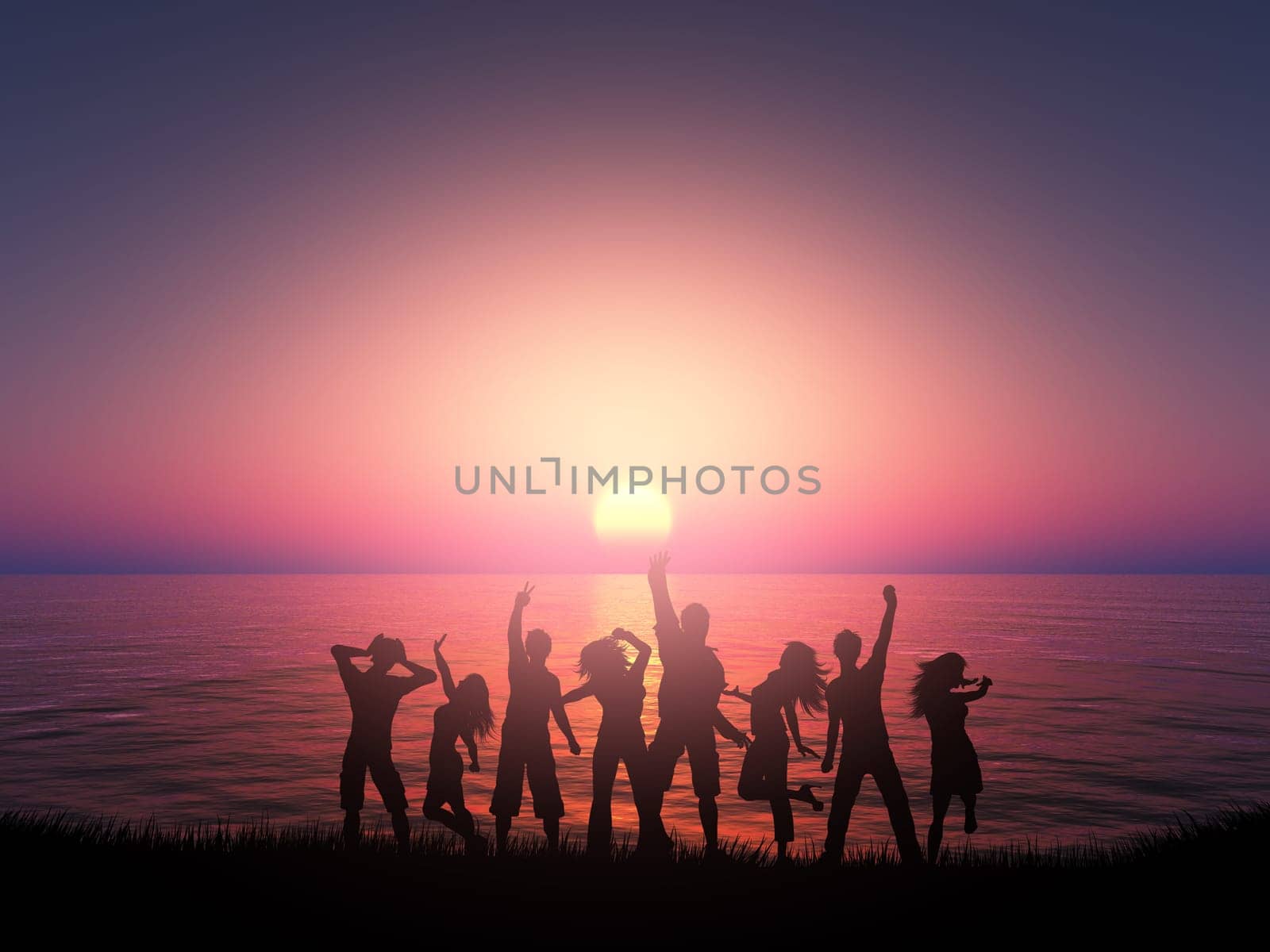 3D render of a silhouette of people dancing against a sunset ocean landscape