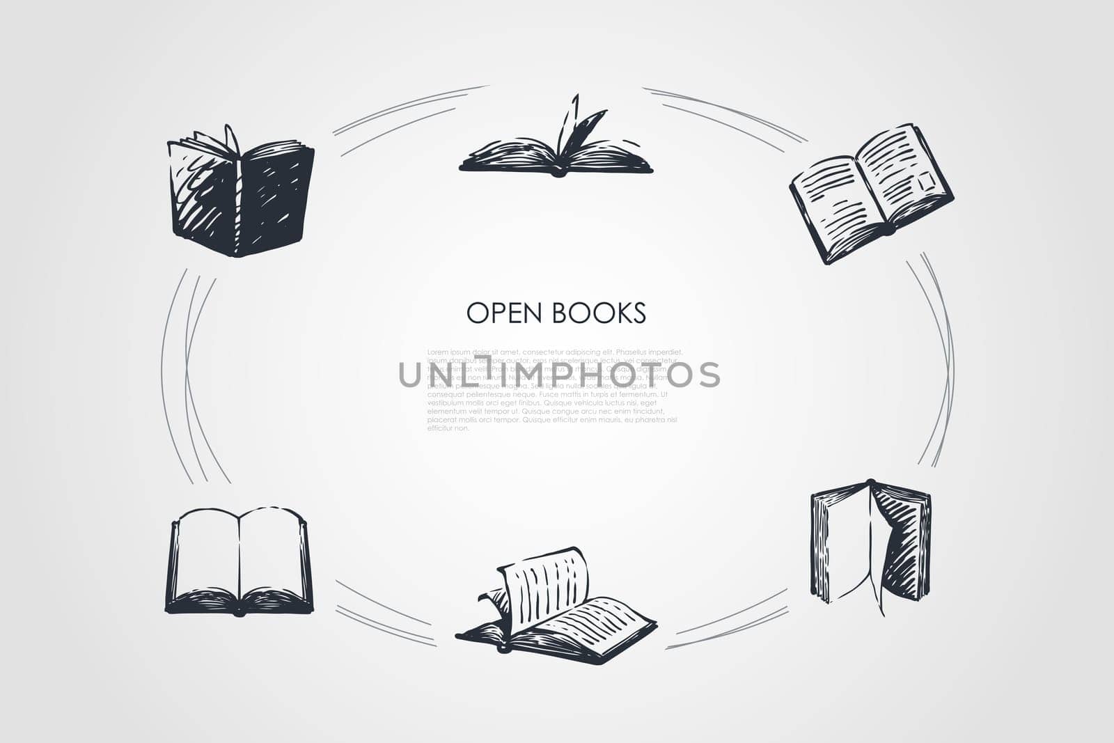 Open books - books with open pages and coverings vector concept set. Hand drawn sketch isolated illustration
