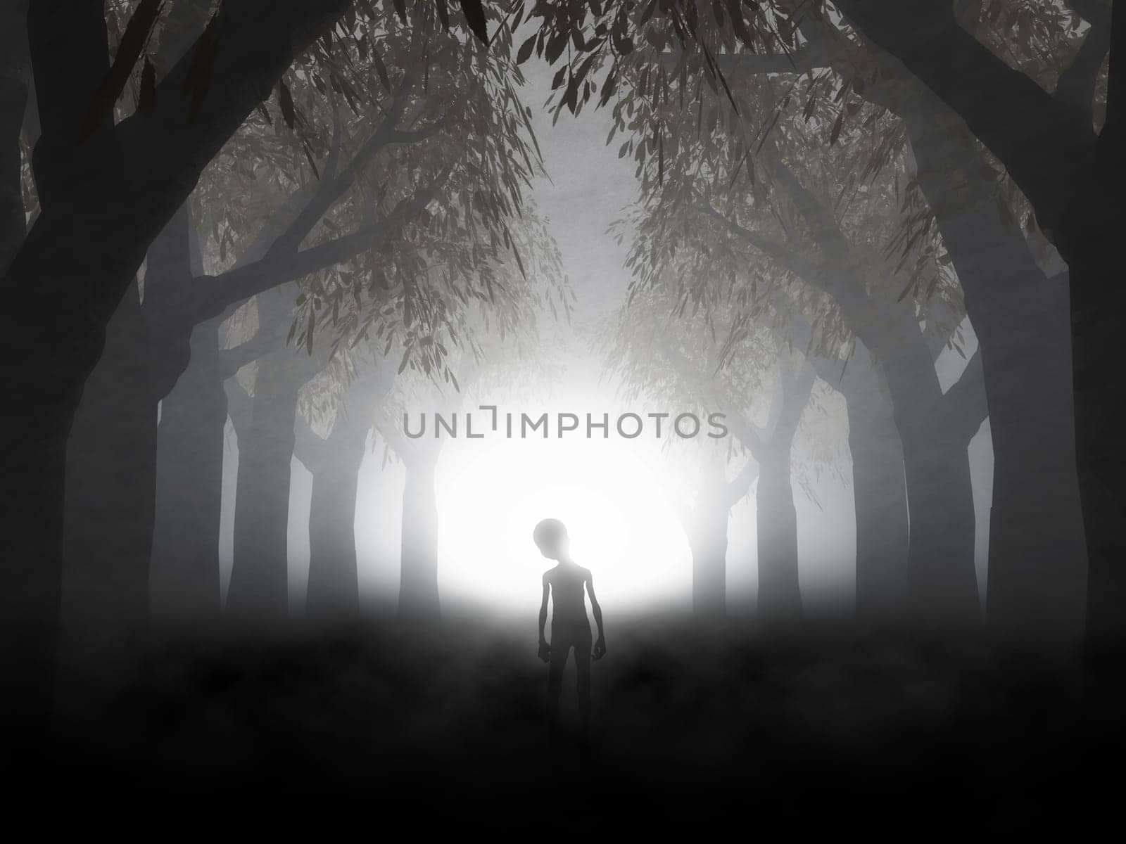 3D render of a spooky landscape with alien in foggy forest