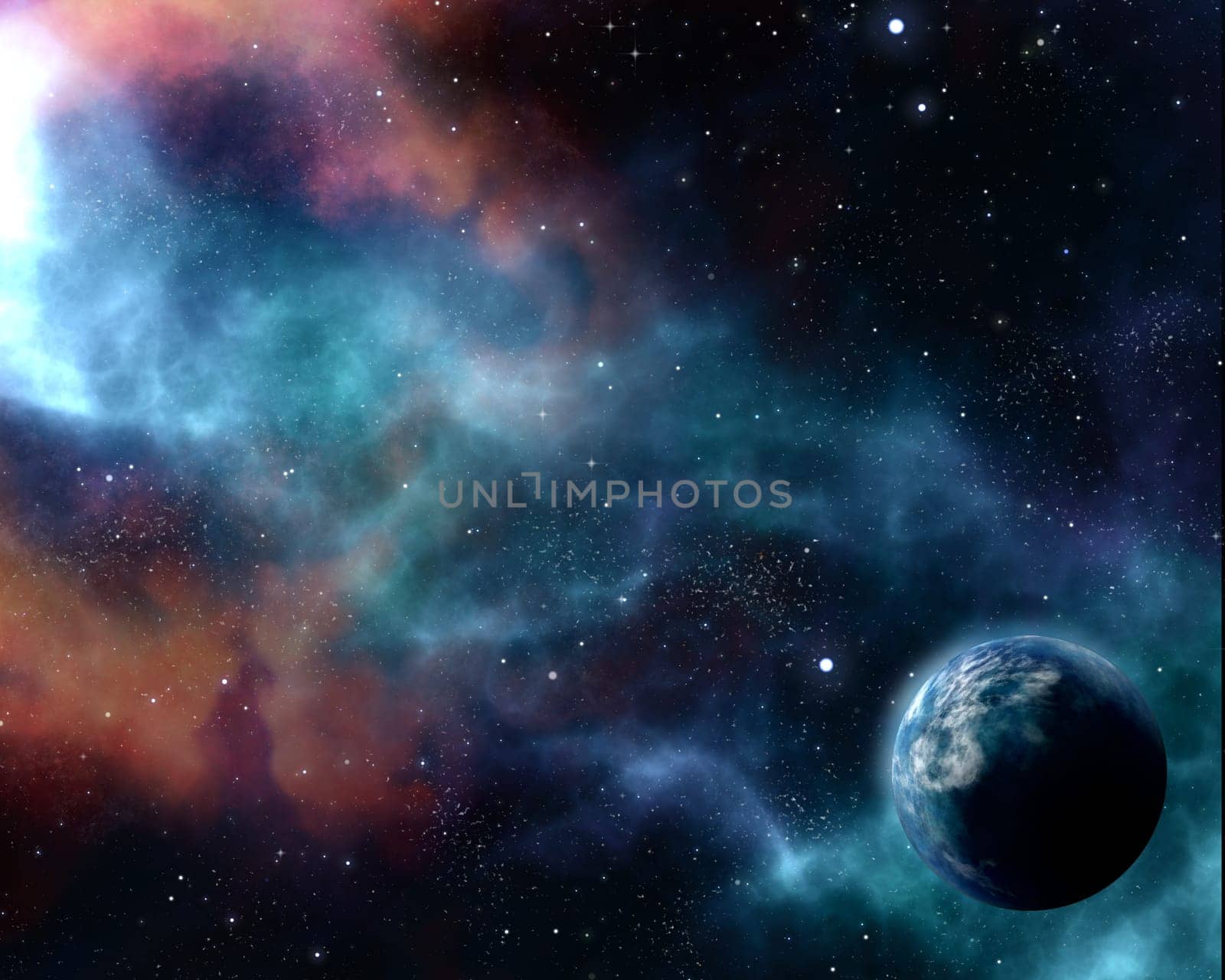 3D render of a starry night sky background with abstract planet and nebula