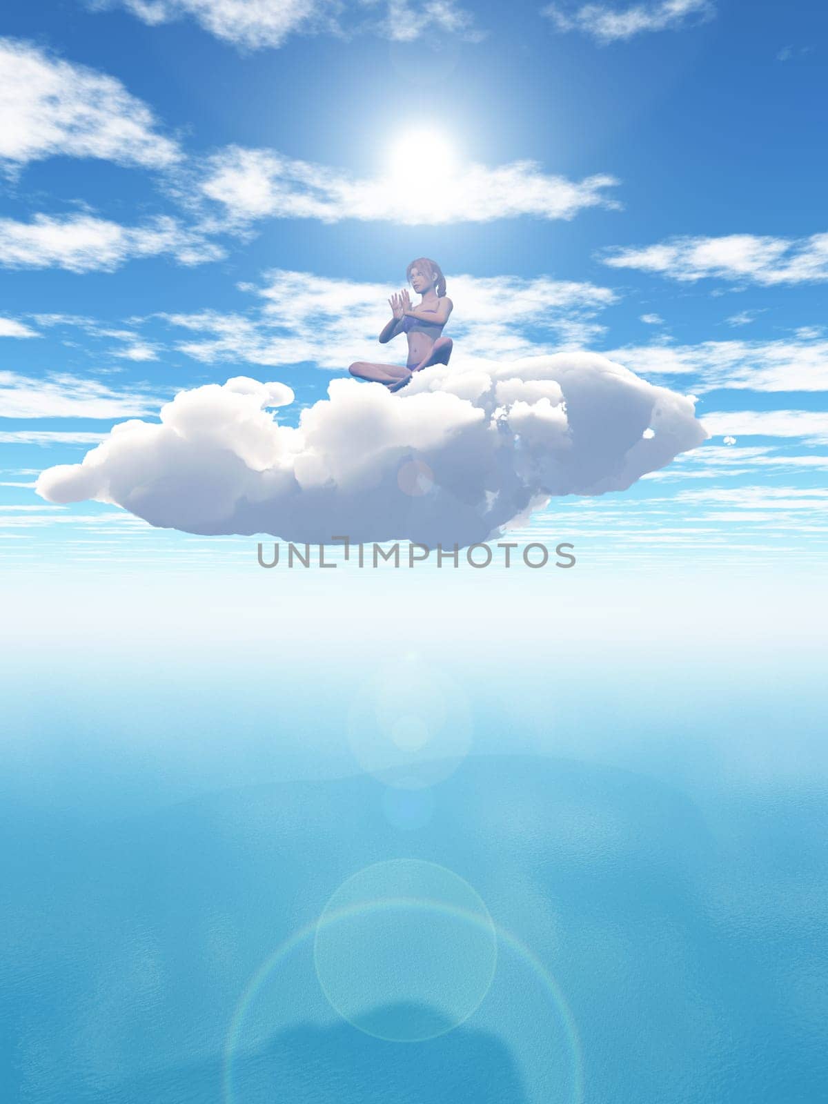 3D render of a surreal landscape with female in yoga position in cloud
