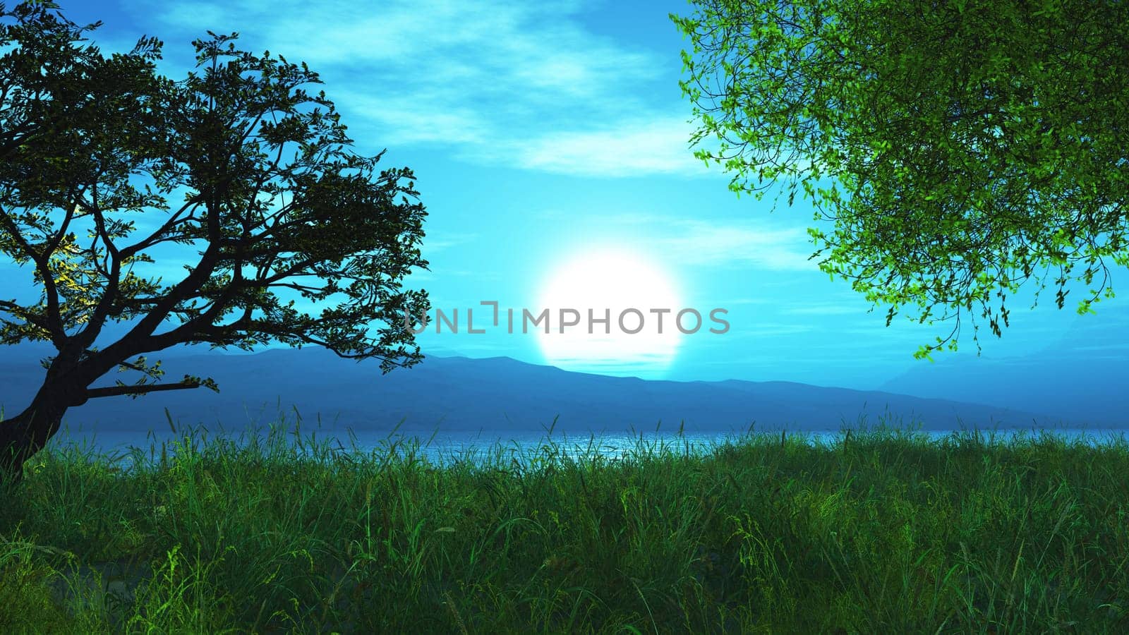 3D render of a tree and hills landscape