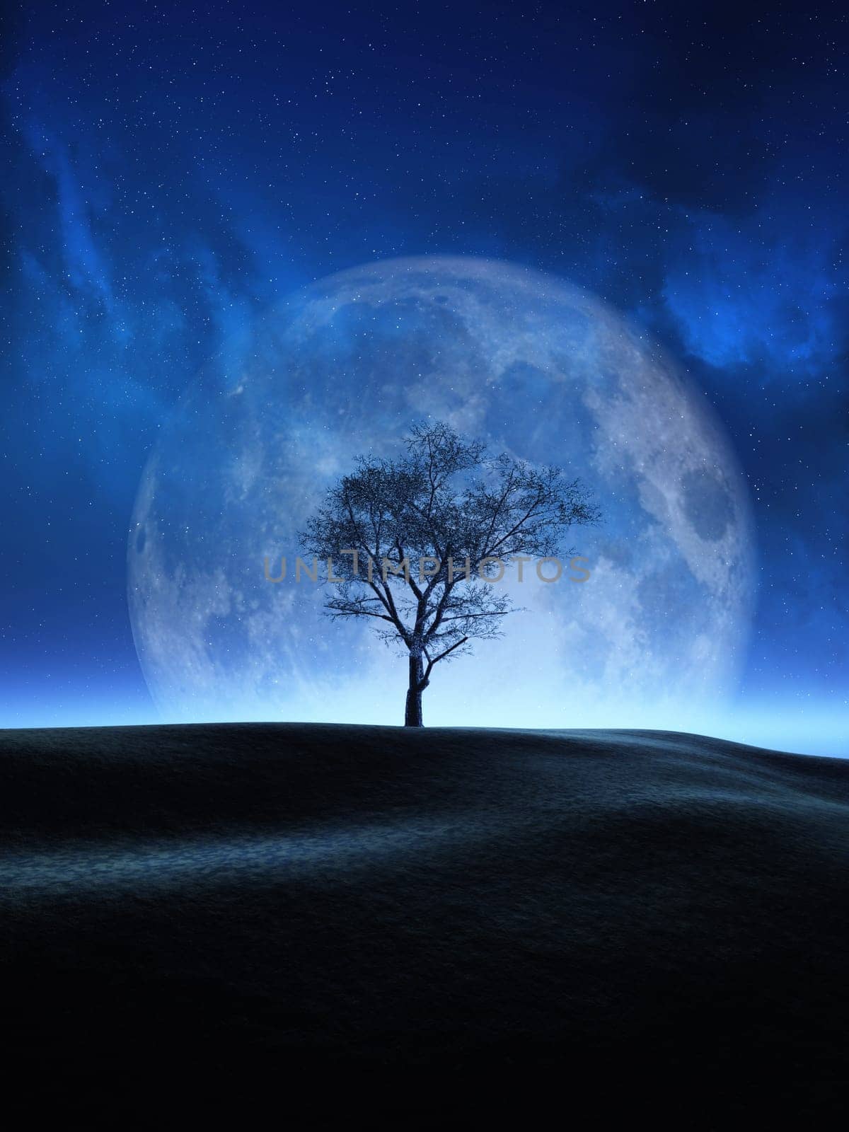 3D render of a tree against a moon night sky