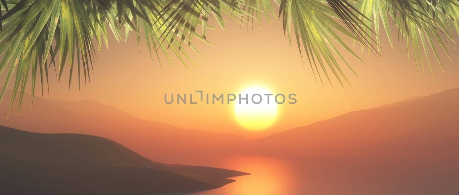 3D render of a tropical landscape with sunset sky and palm tree fronds