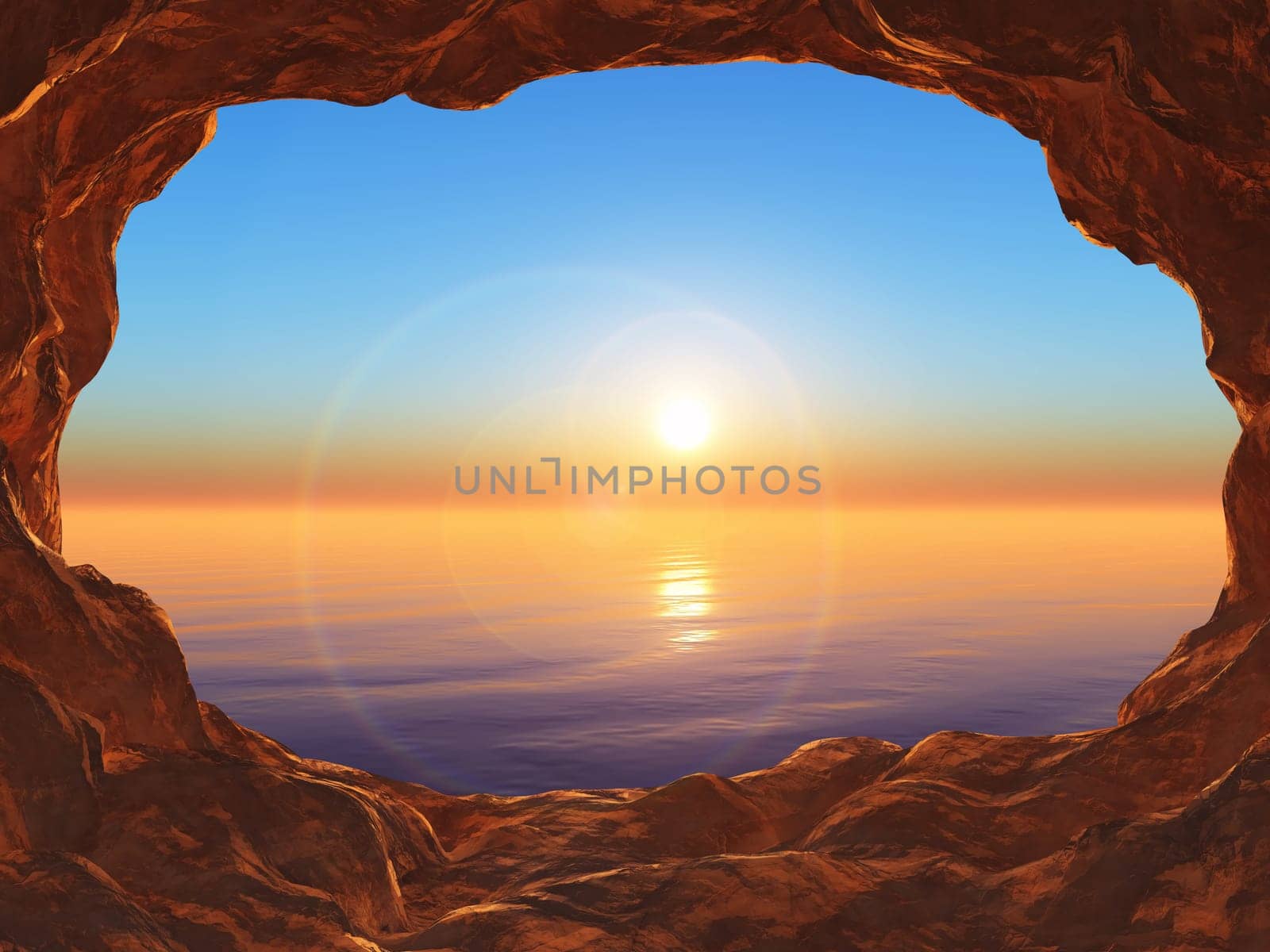 3D render of a view from a cave looking out to a sunset ocean
