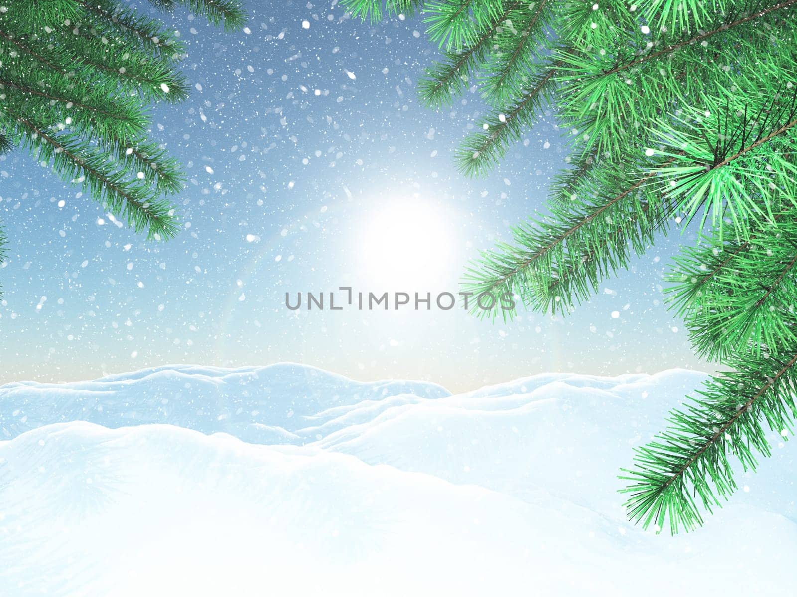 3D render of a winter landscape with Christmas tree branches